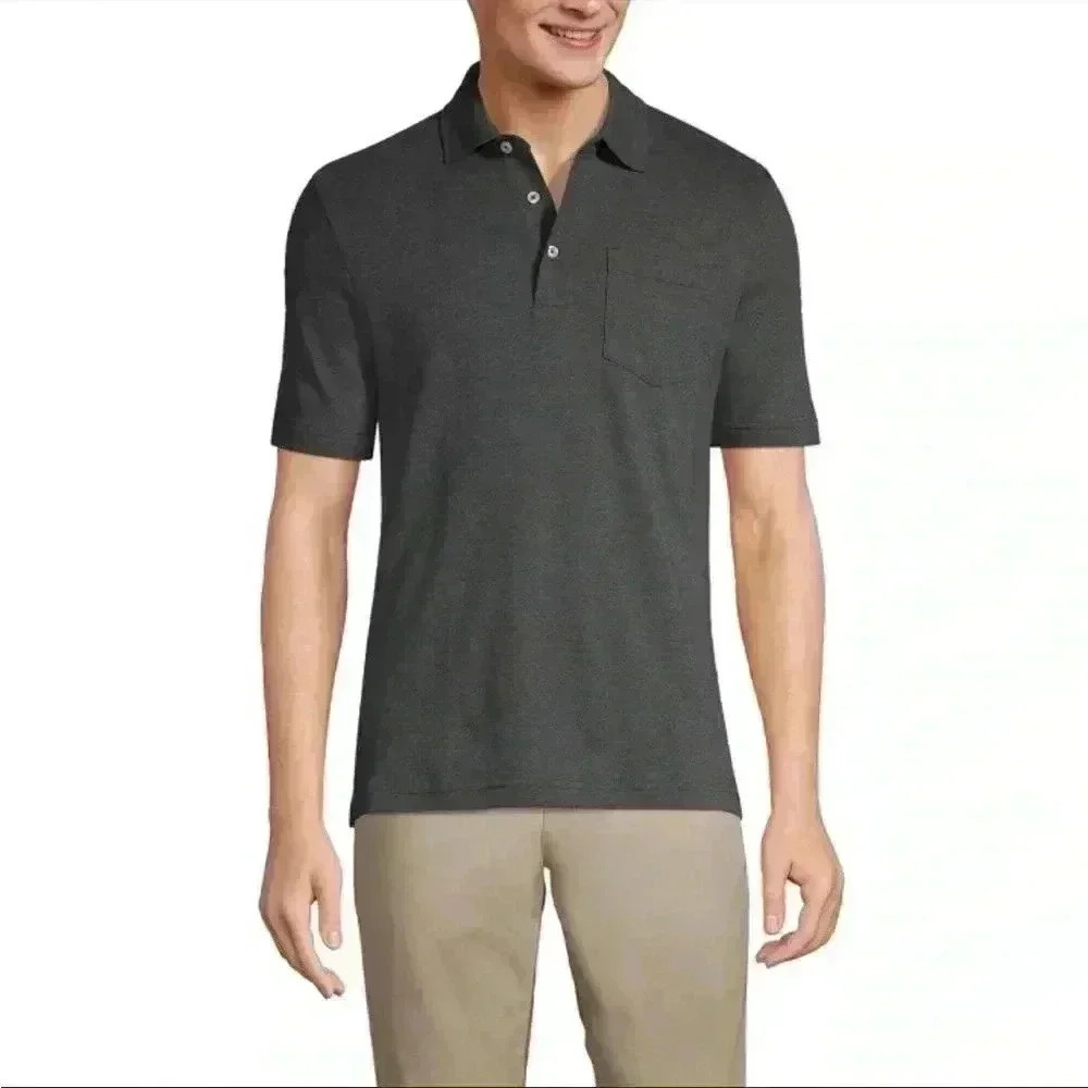 Lands' End Short Sleeve Polo Shirt Pocket Dark Charcoal Heather Mens Size XXL